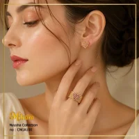 نمای ست دل‌نمای منجوقی طلایی میلورا CNGA100 روی دست و گوش مدل زنانه